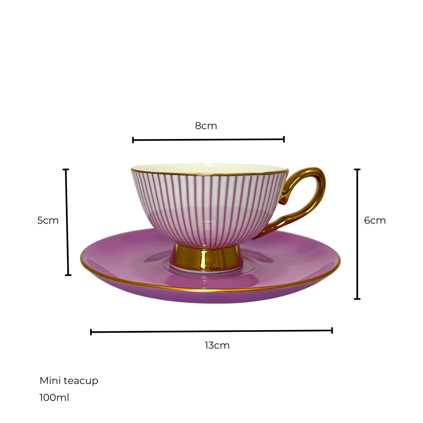 White and purple striped teacup with gold handle and edges sitting on matching on a purple saucer. Isolated on a white background. Measurements shown of 8cm teacup diameter and 5cm height, saucer diameter 13cm and 6cm height of saucer and teacup