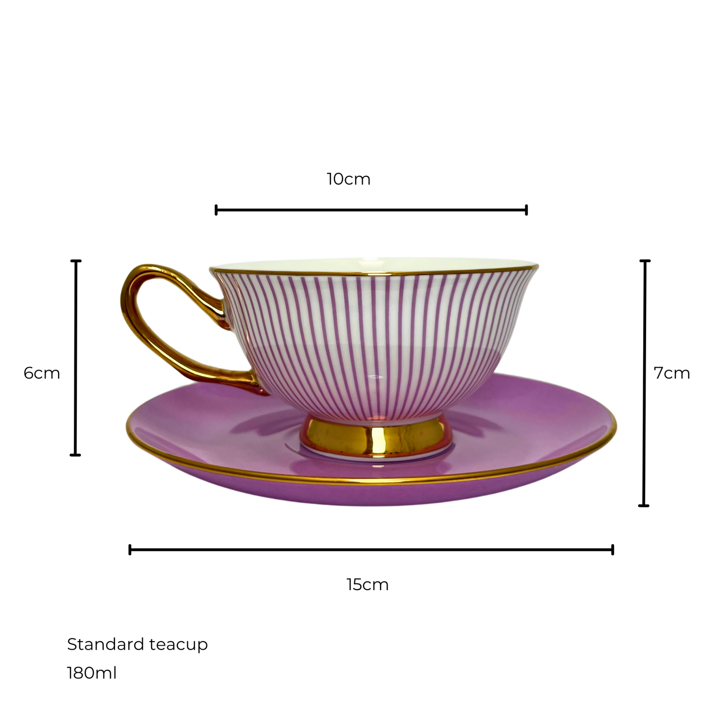 White and purple striped teacup with gold handle and edges sitting on matching on a purple saucer. Isolated on a white background. Measurements shown of 10cm teacup diameter and 6cm height, saucer diameter 15cm and 7cm height of saucer and teacup