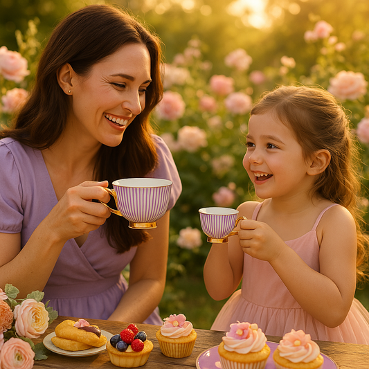 Wonderland Tea Mini Me Purple Mum Daughter Lifestyle Garden Tea party with cupcakes and flowers ont he table. Lifestyle shot.