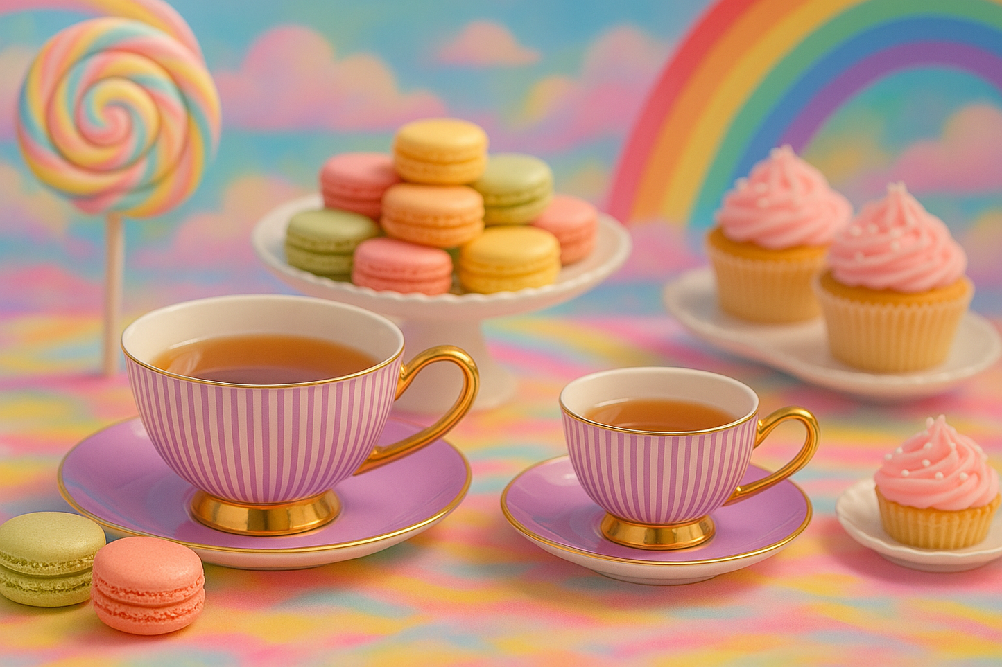 Wonderland Tea Mini Me Purple and white striped Teacups on rainbow Tea Party Tables setting