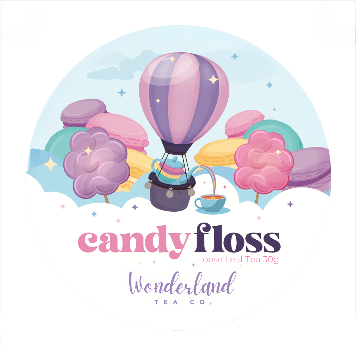 Cotton Candy Loose Leaf Tea label from Wonderland Tea Co.  Label shows a cartoon of pink, yellow and purple macaroons with purple and pink fairy floss on wither side of a pink and purple hot air ballon.  Inside the basket of the hot air ballon is a blue tea pot that is pouring a rainbow out into a blue teacup. 