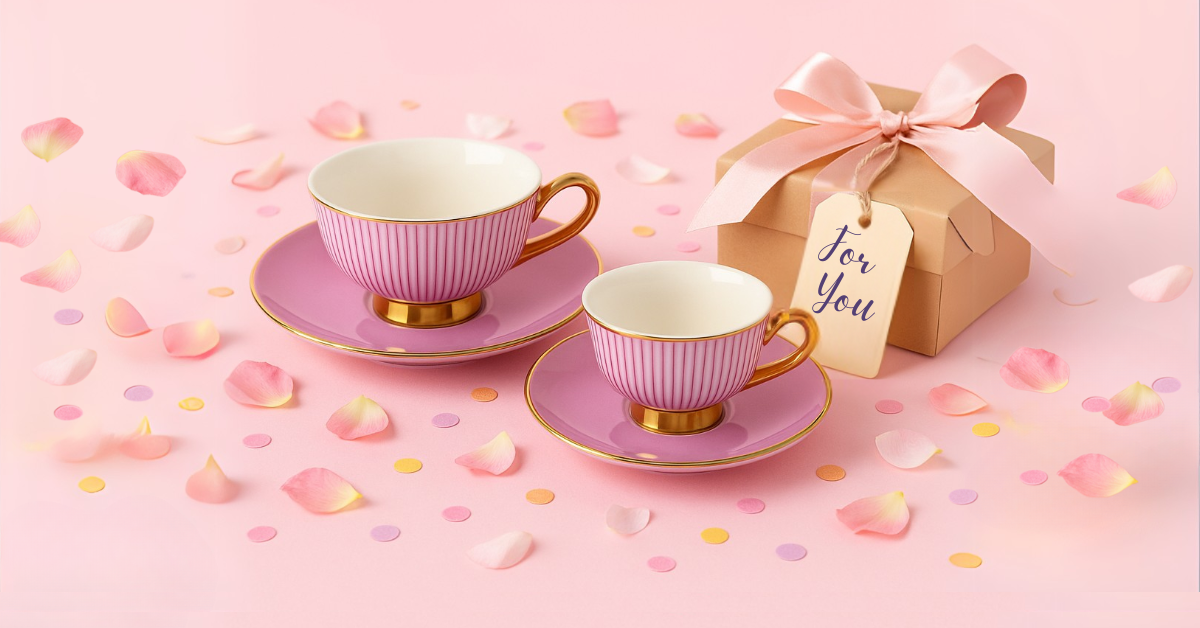Mini & Me teacups in purple and white stripe sitting on a pale pink background with pink petals with a gold gift box with the tag 'for you'