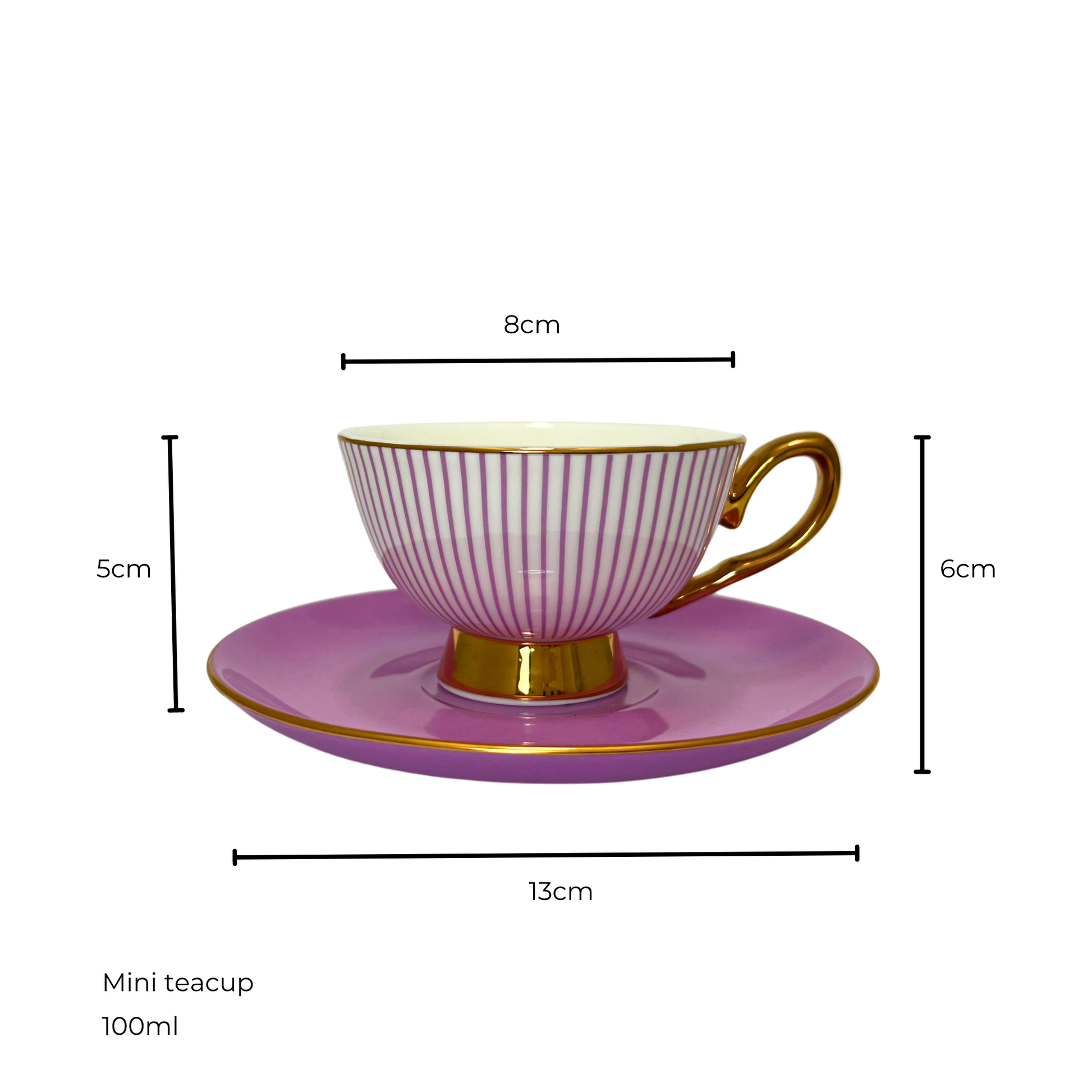 White and purple striped teacup with gold handle and edges sitting on matching on a purple saucer.  Isolated on a white background. Measurements shown of 8cm teacup diameter and 5cm height, saucer diameter 13cm and 6cm height of saucer and teacup