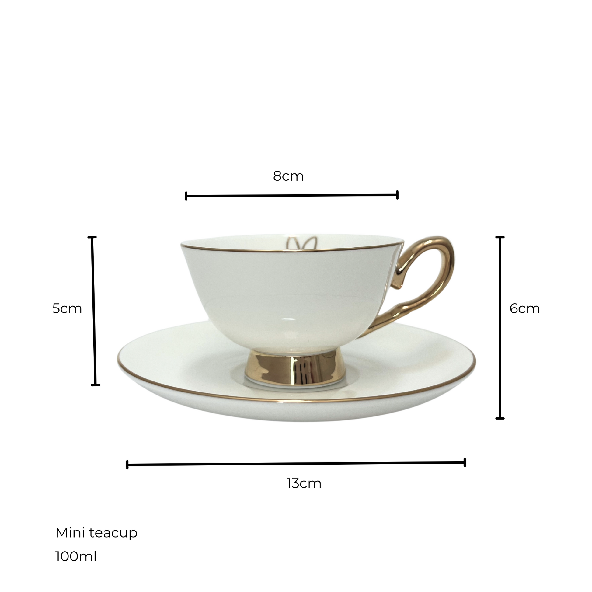 White teacup with gold handle and edges sitting on matching white and gold saucer.  Isolated on a white background. Measurements shown of 8cm teacup diameter and 5cm height, saucer diameter 13cm and 6cm height of saucer and teacup