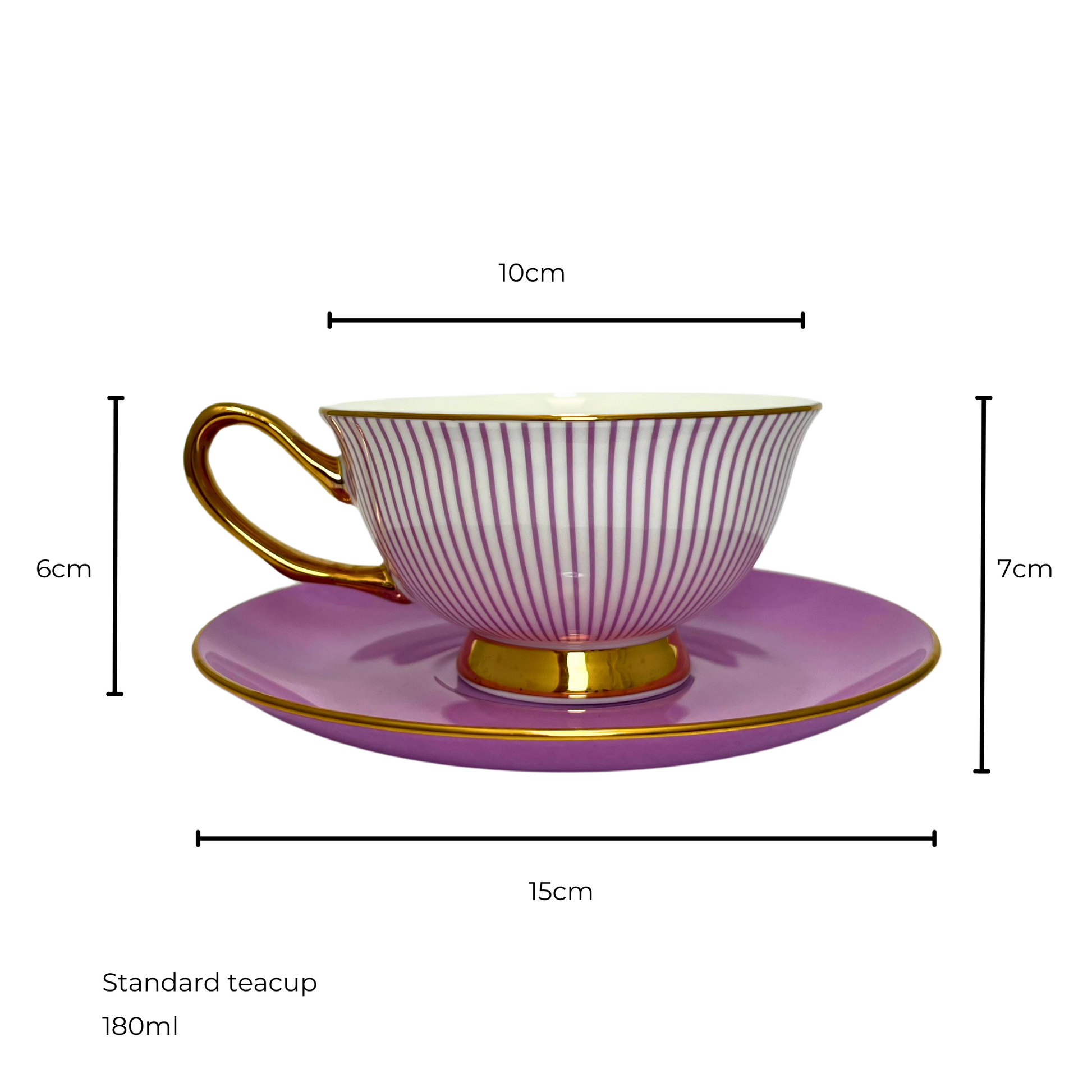 White and purple striped teacup with gold handle and edges sitting on matching on a purple saucer.  Isolated on a white background. Measurements shown of 10cm teacup diameter and 6cm height, saucer diameter 15cm and 7cm height of saucer and teacup