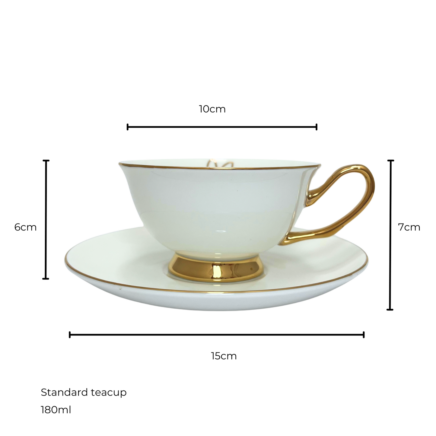 White teacup with gold handle and edges sitting on matching white and gold saucer.  Isolated on a white background. Measurements shown of 10cm teacup diameter and 6cm height, saucer diameter 15cm and 7cm height of saucer and teacup