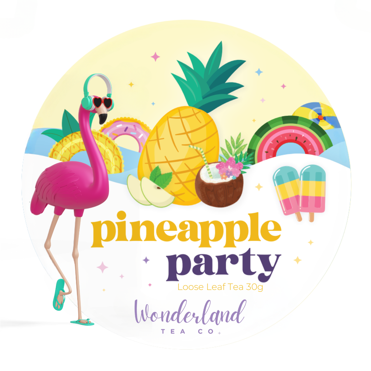 Wonderland Tea Co Premium Loose Leaf Tea - Pineapple Party 30g label sticker.  Cartoon pineapple, coconut and apple pieces.  Bright yellow, blue and pink ice poles and a pool party background.  Bright pink flamingo wearing teal headphones and teal thongs. 