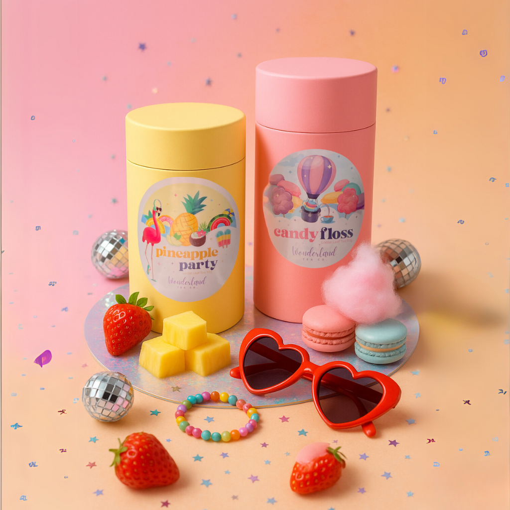 One Pink Cotton Candy Tea Cylinder and One Yellow Pineapple Party Tea Cylinder sittign on a silver tray with strawberries, macaroonsWonderland Tea Co Premium Loose Leaf cylinders Party Studio Shot pineapple and fairy floss in a professional studio setting.  The background is pink and light orange with purple and blue confetti.  Other accessories include red heart shaped sunglasses, a friendship bracelet and mini disco balls. 