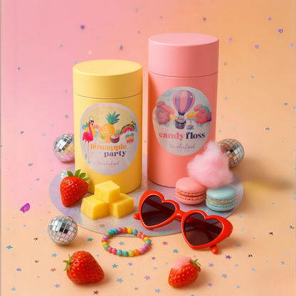 One Pink Cotton Candy Tea Cylinder and One Yellow Pineapple Party Tea Cylinder sittign on a silver tray with strawberries, macaroonsWonderland Tea Co Premium Loose Leaf cylinders Party Studio Shot pineapple and fairy floss in a professional studio setting.  The background is pink and light orange with purple and blue confetti.  Other accessories include red heart shaped sunglasses, a friendship bracelet and mini disco balls. 